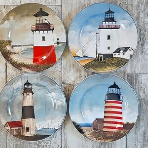Plate SET of 4 Sakura by Oneida David Carter Brown "By The Sea" Lighthouses